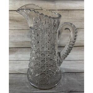 VTG American Brilliant Period Cut Glass Pitcher Harvard Cane Pattern 10" READ